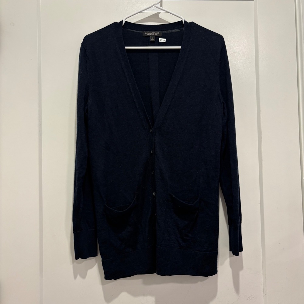 Banana Republic Navy Blue 100% Merino Wool V-Neck Button Cardigan Sweater S